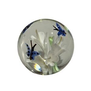 Artglass White Lillies  Blue Butterflies Round Paperweight 8.25" Around 3" Wide